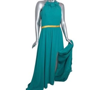 SALE 50% XL Jade Green Halter Bridesmaid Dress Strapless Bodice Yellow Waistband